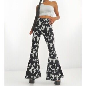 Peach Love Cow Print Flare Jeans Women Small Black White Y2K Festival Western